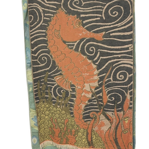 Seahorse Towel + Tapestry in Coral Orange Deep Blue + Lime Green Size 38” x 68”